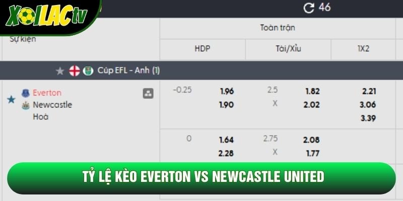 Tỷ lệ kèo Everton vs Newcastle United Tỷ lệ kèo Everton vs Newcastle United