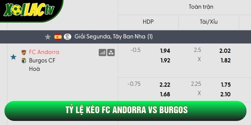 Tỷ lệ kèo FC Andorra vs Burgos Tỷ lệ kèo FC Andorra vs Burgos